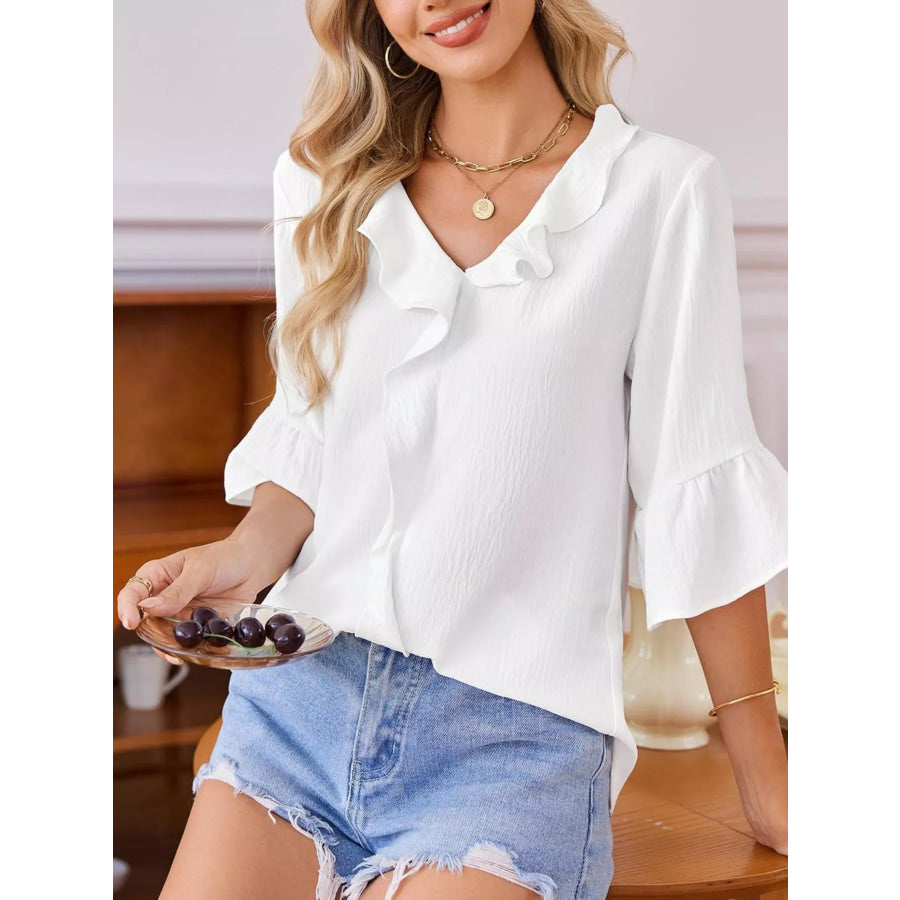 Ruffled Flounce Sleeve Blouse White / S Apparel and Accessories