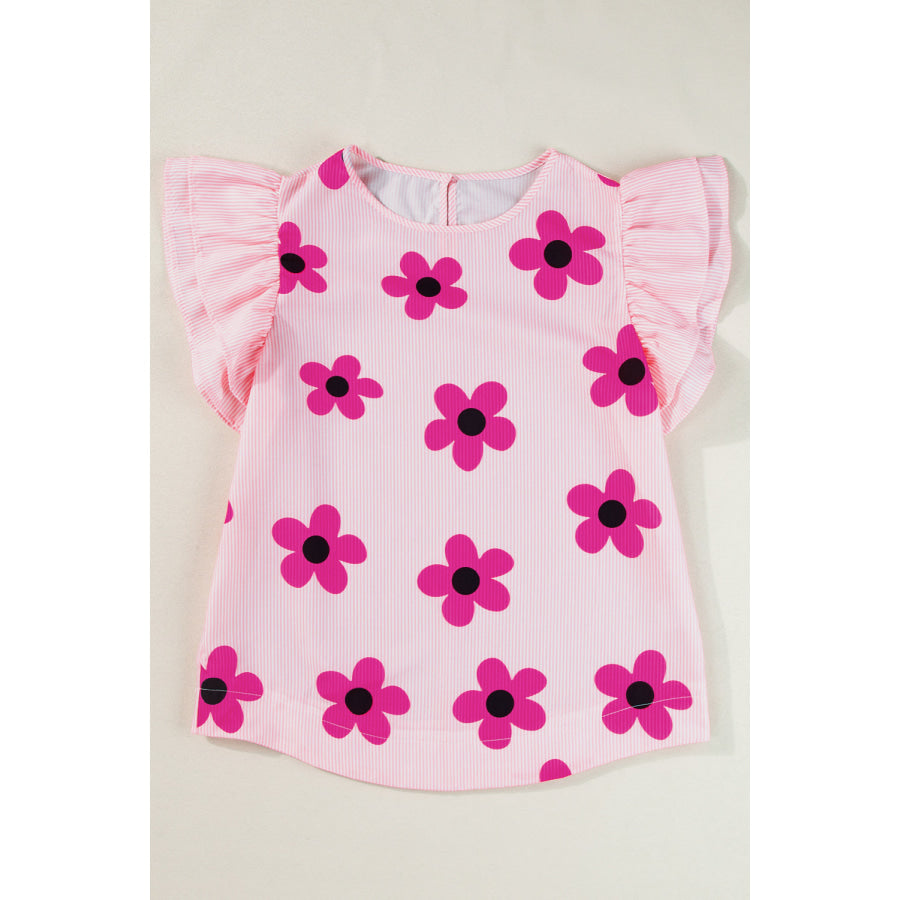 Ruffled Flower Printed Round Neck Cap Sleeve Blouse Hot Pink / S Apparel and Accessories