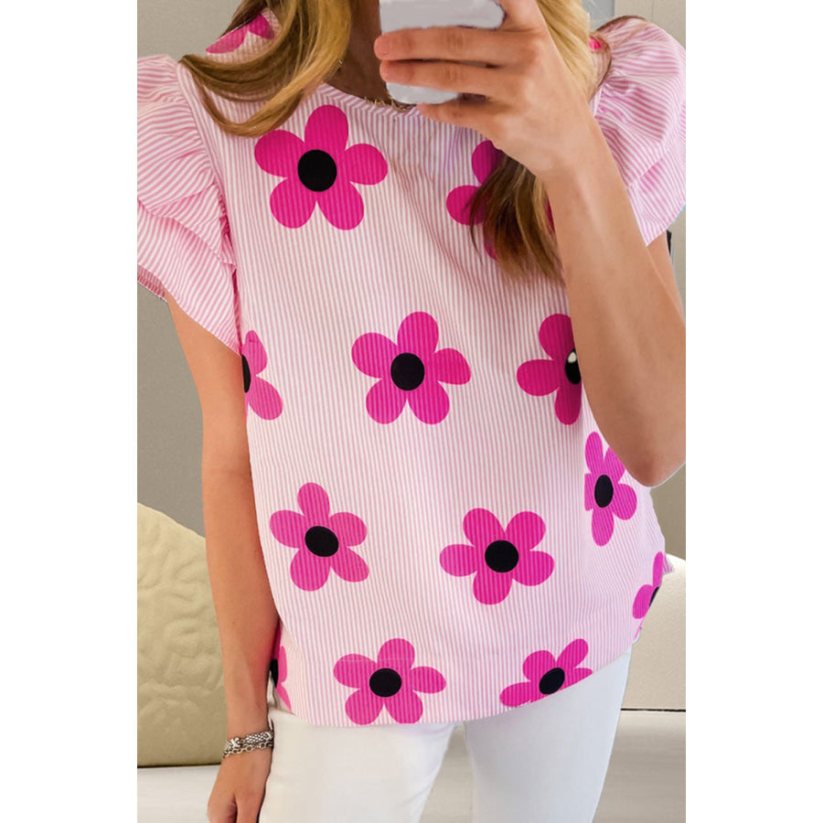 Ruffled Flower Printed Round Neck Cap Sleeve Blouse Hot Pink / S Apparel and Accessories