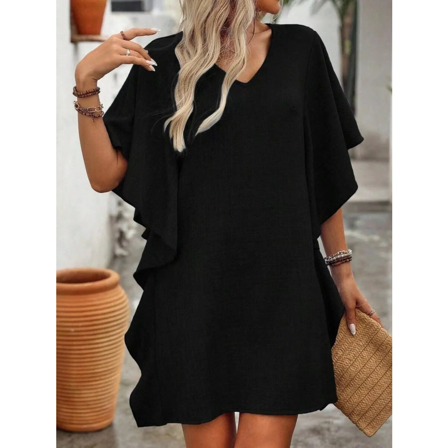 Ruffled Flutter Sleeve V-Neck Mini Dress Apparel and Accessories