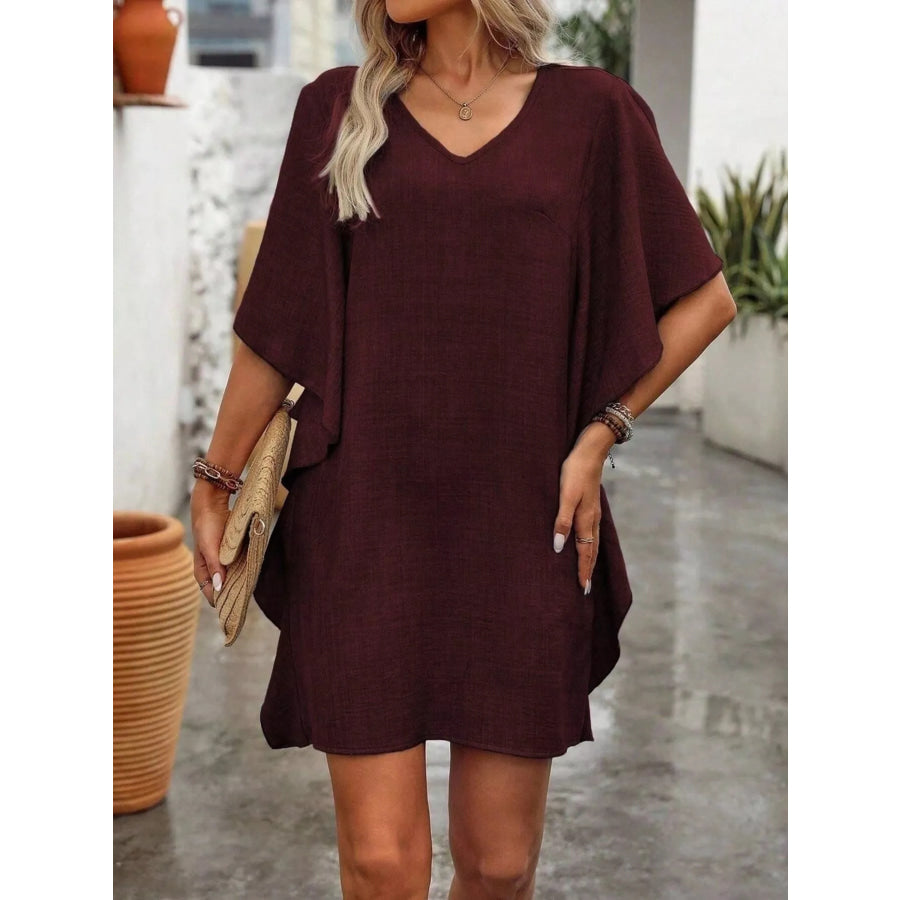 Ruffled Flutter Sleeve V-Neck Mini Dress Apparel and Accessories
