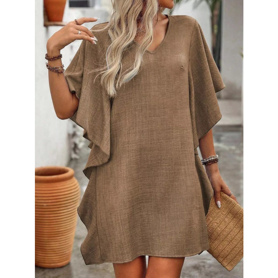 Ruffled Flutter Sleeve V-Neck Mini Dress Apparel and Accessories