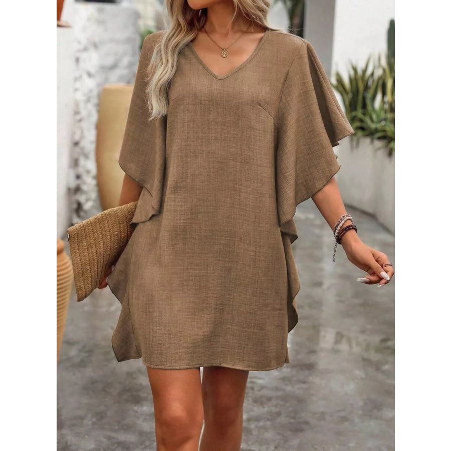 Ruffled Flutter Sleeve V-Neck Mini Dress Apparel and Accessories