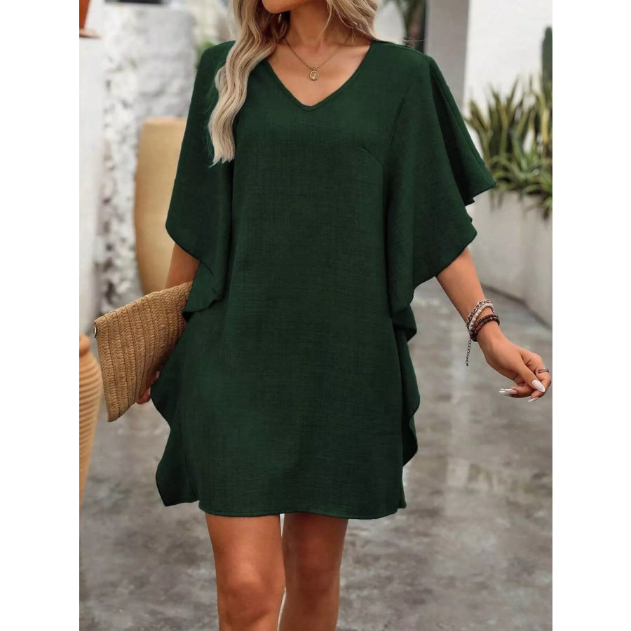 Ruffled Flutter Sleeve V-Neck Mini Dress Army Green / S Apparel and Accessories