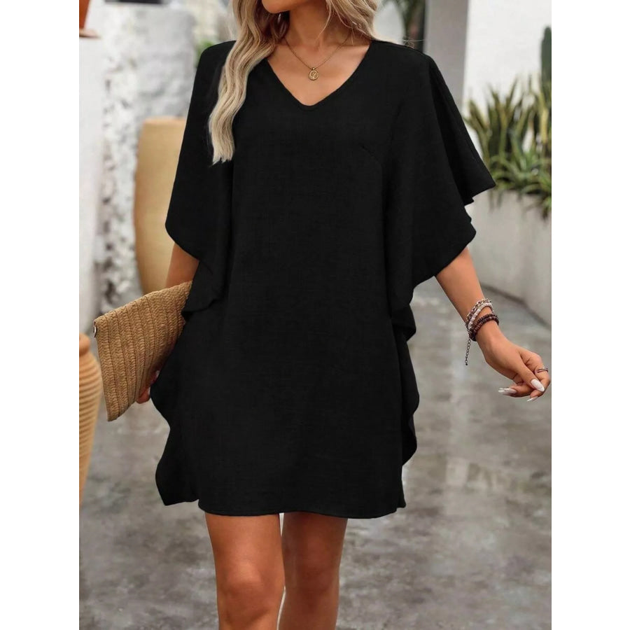 Ruffled Flutter Sleeve V-Neck Mini Dress Black / S Apparel and Accessories