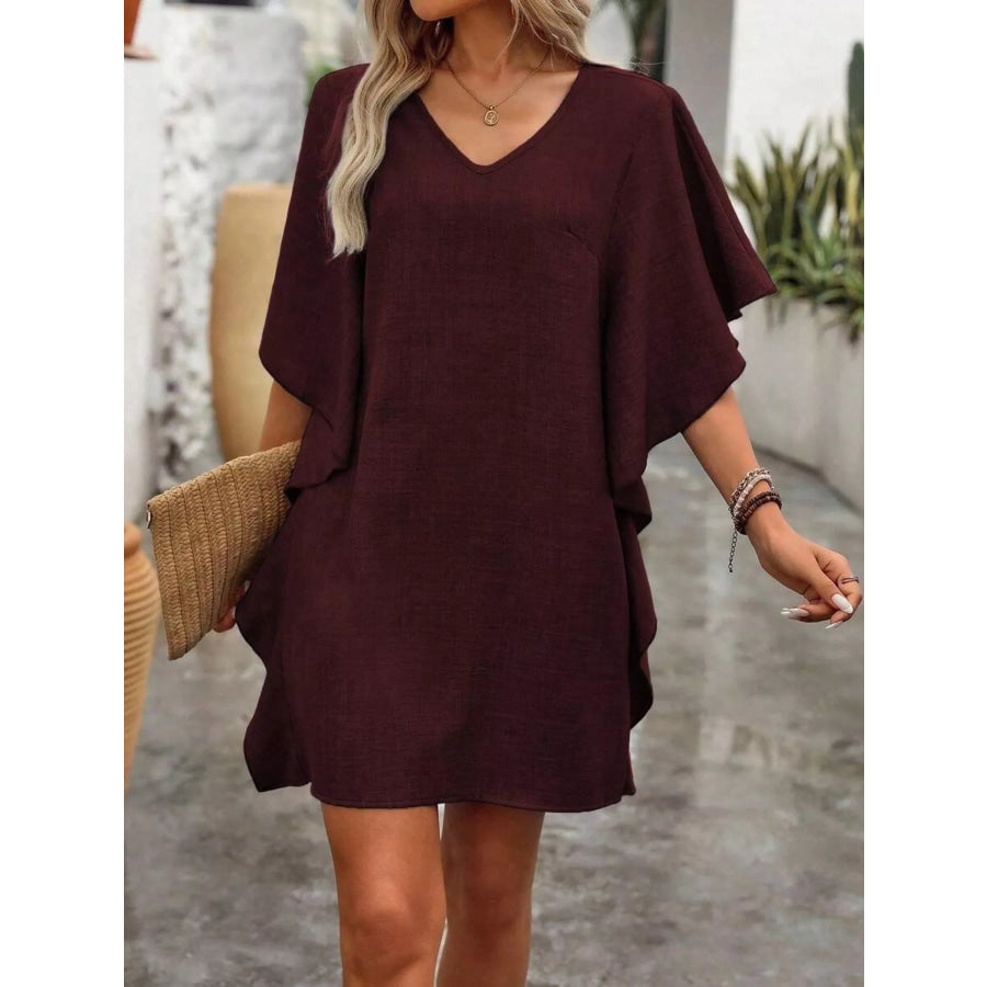 Ruffled Flutter Sleeve V-Neck Mini Dress Burgundy / S Apparel and Accessories