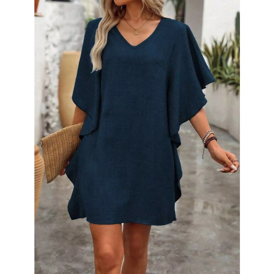 Ruffled Flutter Sleeve V-Neck Mini Dress Dark Navy / S Apparel and Accessories