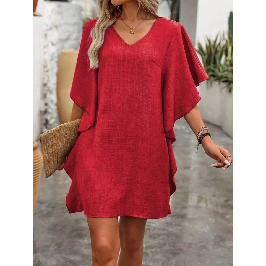 Ruffled Flutter Sleeve V-Neck Mini Dress Red / S Apparel and Accessories