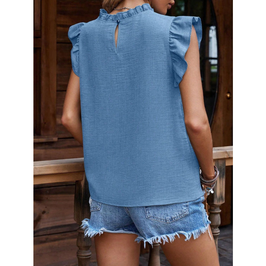 Ruffled Frill Mock Neck Cap Sleeve Blouse Apparel and Accessories