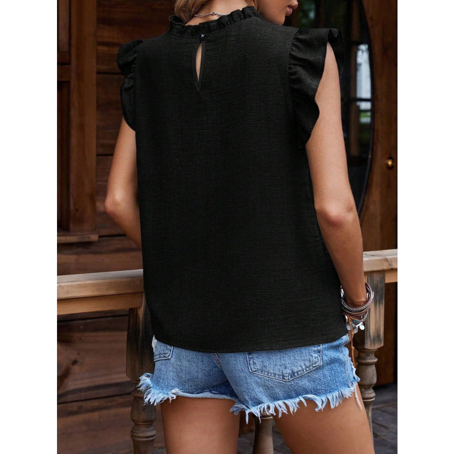 Ruffled Frill Mock Neck Cap Sleeve Blouse Apparel and Accessories