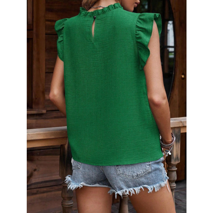 Ruffled Frill Mock Neck Cap Sleeve Blouse Apparel and Accessories