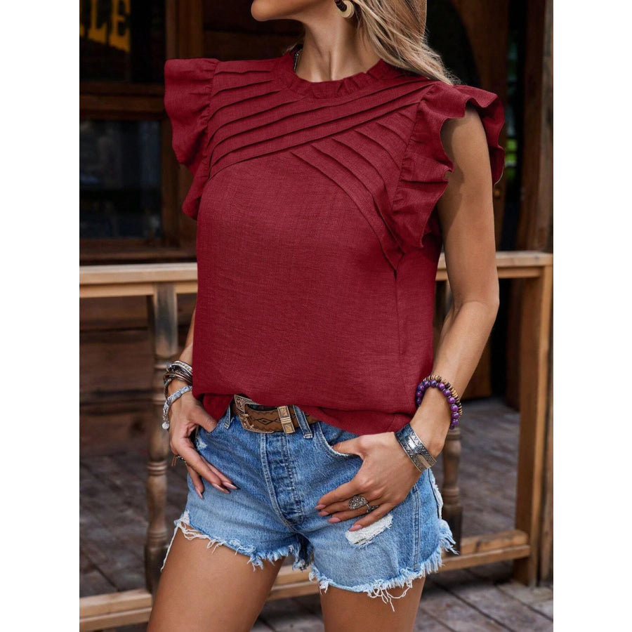 Ruffled Frill Mock Neck Cap Sleeve Blouse Apparel and Accessories