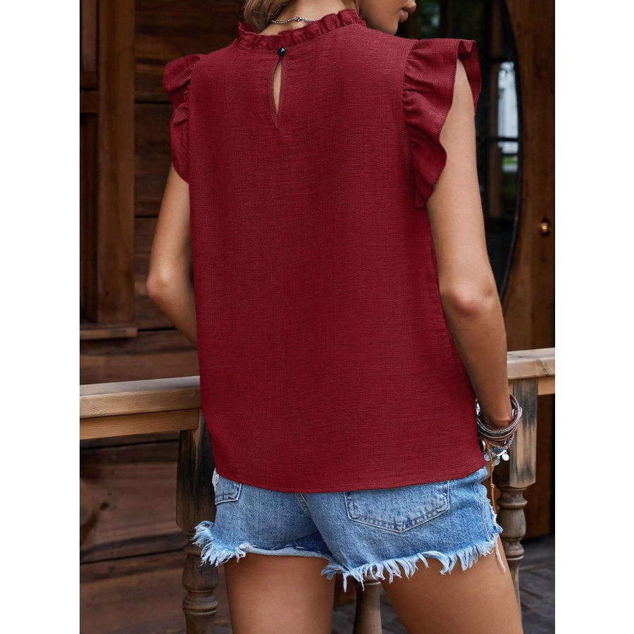 Ruffled Frill Mock Neck Cap Sleeve Blouse Apparel and Accessories