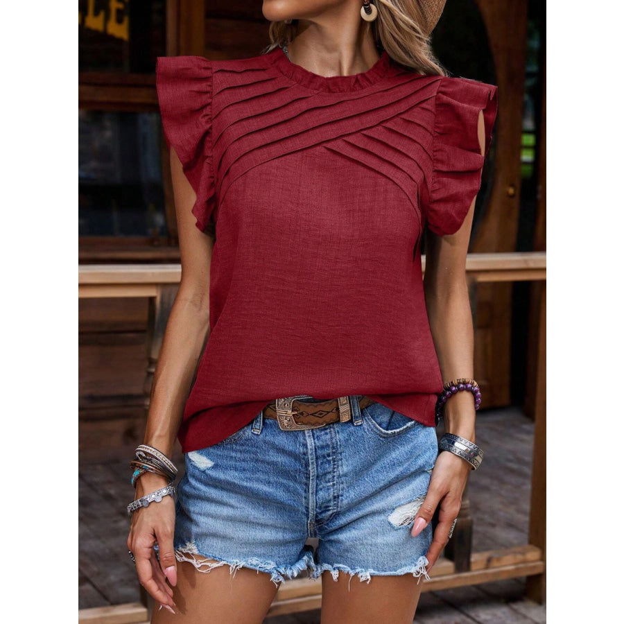 Ruffled Frill Mock Neck Cap Sleeve Blouse Burgundy / S Apparel and Accessories