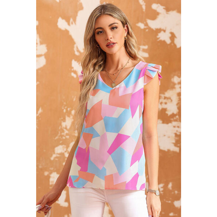 Ruffled Geometric V - Neck Blouse Apparel and Accessories