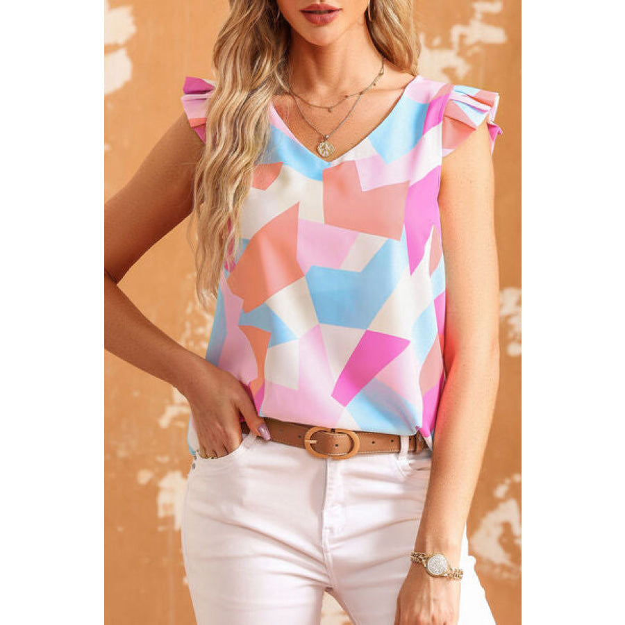 Ruffled Geometric V - Neck Blouse Carnation Pink / S Apparel and Accessories