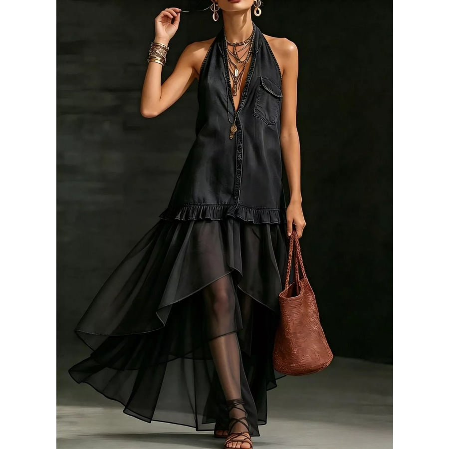 Ruffled Halter Neck Maxi Dress Black / S Apparel and Accessories