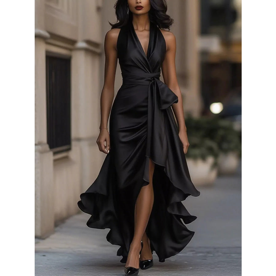 Ruffled Halter Neck Maxi Dress Black / S