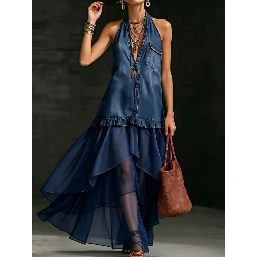 Ruffled Halter Neck Maxi Dress Dark Blue / S Apparel and Accessories