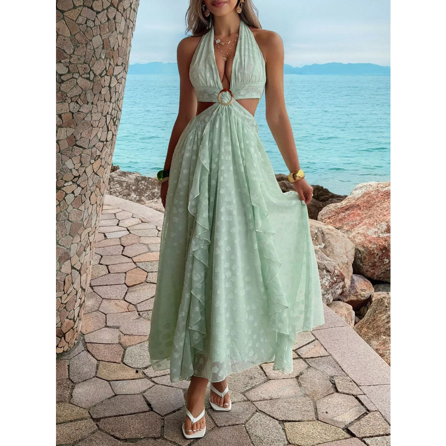 Ruffled Halter Neck Maxi Dress Green / S Apparel and Accessories
