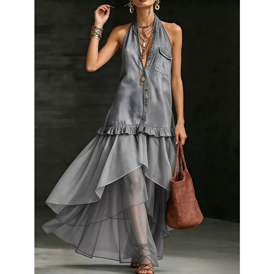 Ruffled Halter Neck Maxi Dress Grey / S Apparel and Accessories