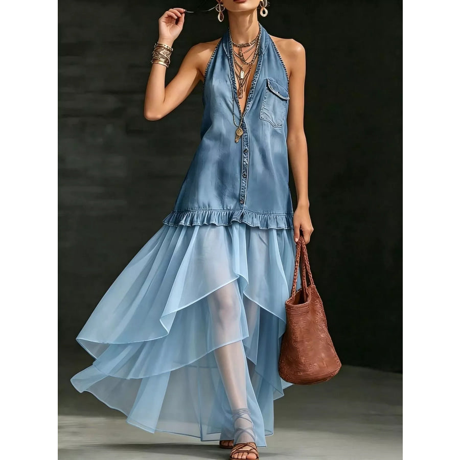 Ruffled Halter Neck Maxi Dress Light Blue / S Apparel and Accessories