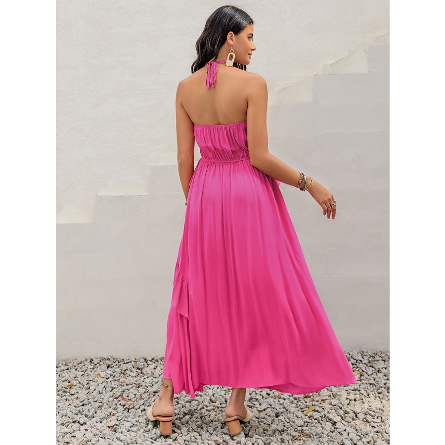 Ruffled Halter Neck Sleeveless Maxi Dress Hot Pink / S Apparel and Accessories