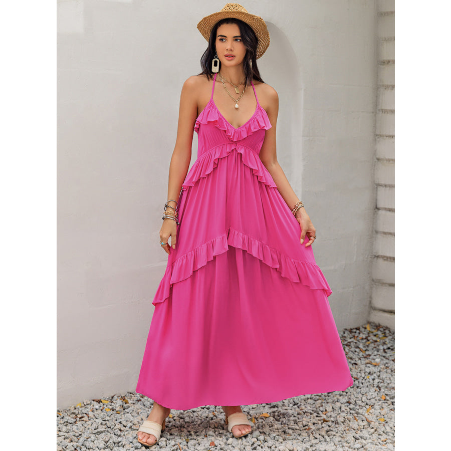 Ruffled Halter Neck Sleeveless Maxi Dress Apparel and Accessories