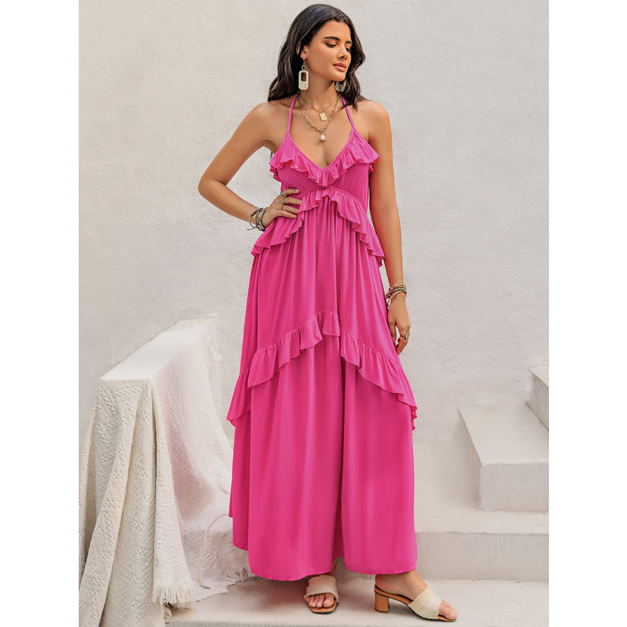 Ruffled Halter Neck Sleeveless Maxi Dress Apparel and Accessories