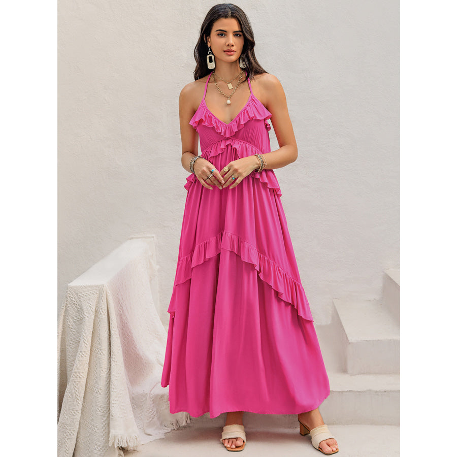 Ruffled Halter Neck Sleeveless Maxi Dress Apparel and Accessories