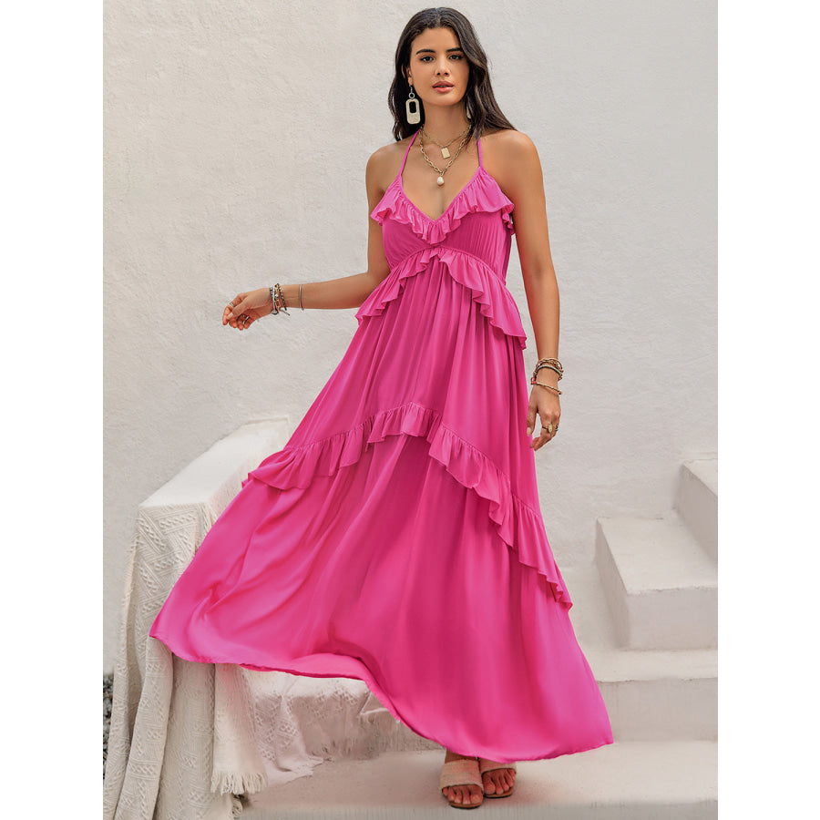 Ruffled Halter Neck Sleeveless Maxi Dress Hot Pink / S Apparel and Accessories