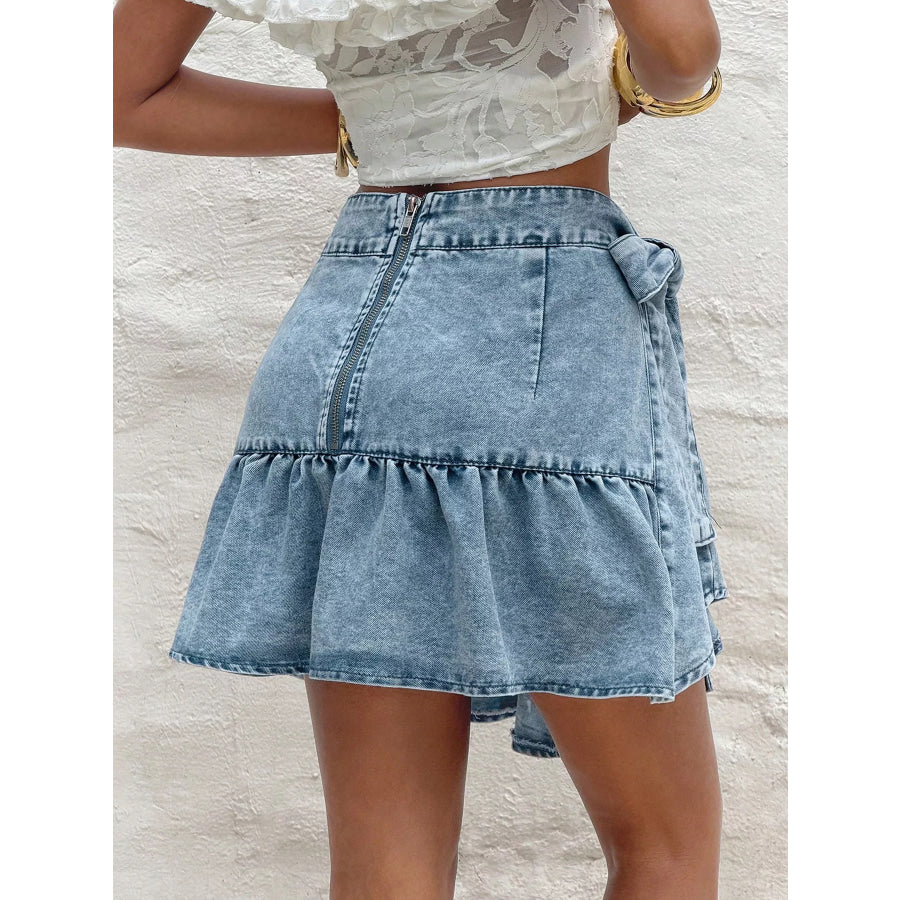 Ruffled Hem High Waist Bow Tie Denim Skirt Apparel and Accessories