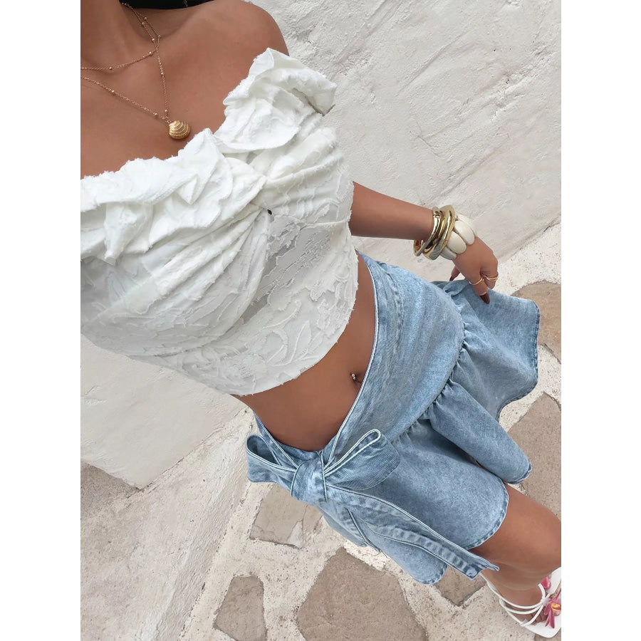 Ruffled Hem High Waist Bow Tie Denim Skirt Apparel and Accessories