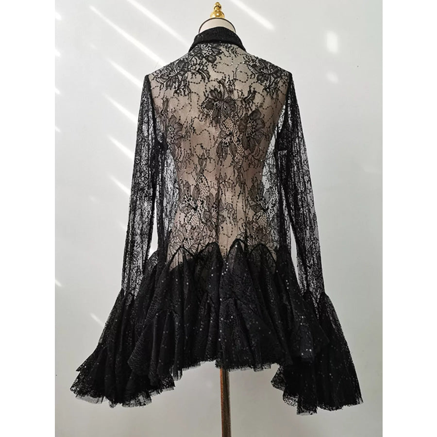 Ruffled Hem Lace Long Sleeve Dress Apparel and Accessories