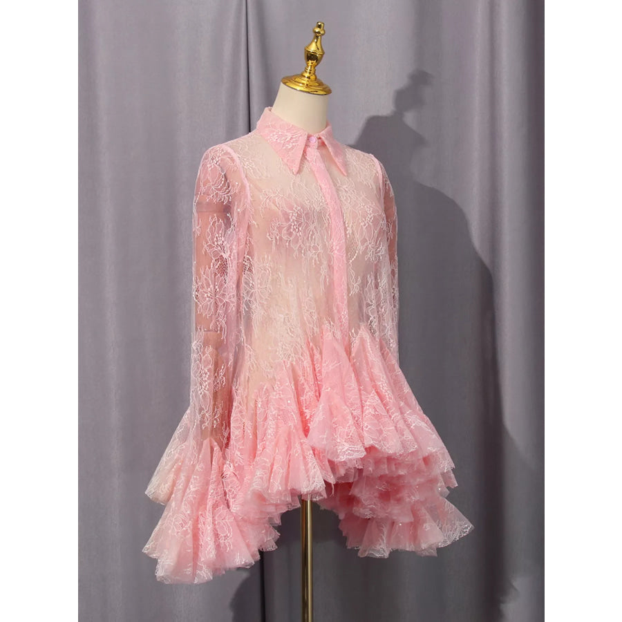 Ruffled Hem Lace Long Sleeve Dress Apparel and Accessories