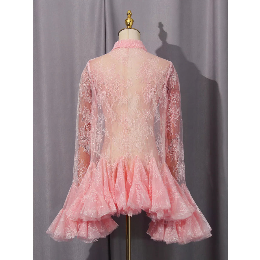 Ruffled Hem Lace Long Sleeve Dress Apparel and Accessories
