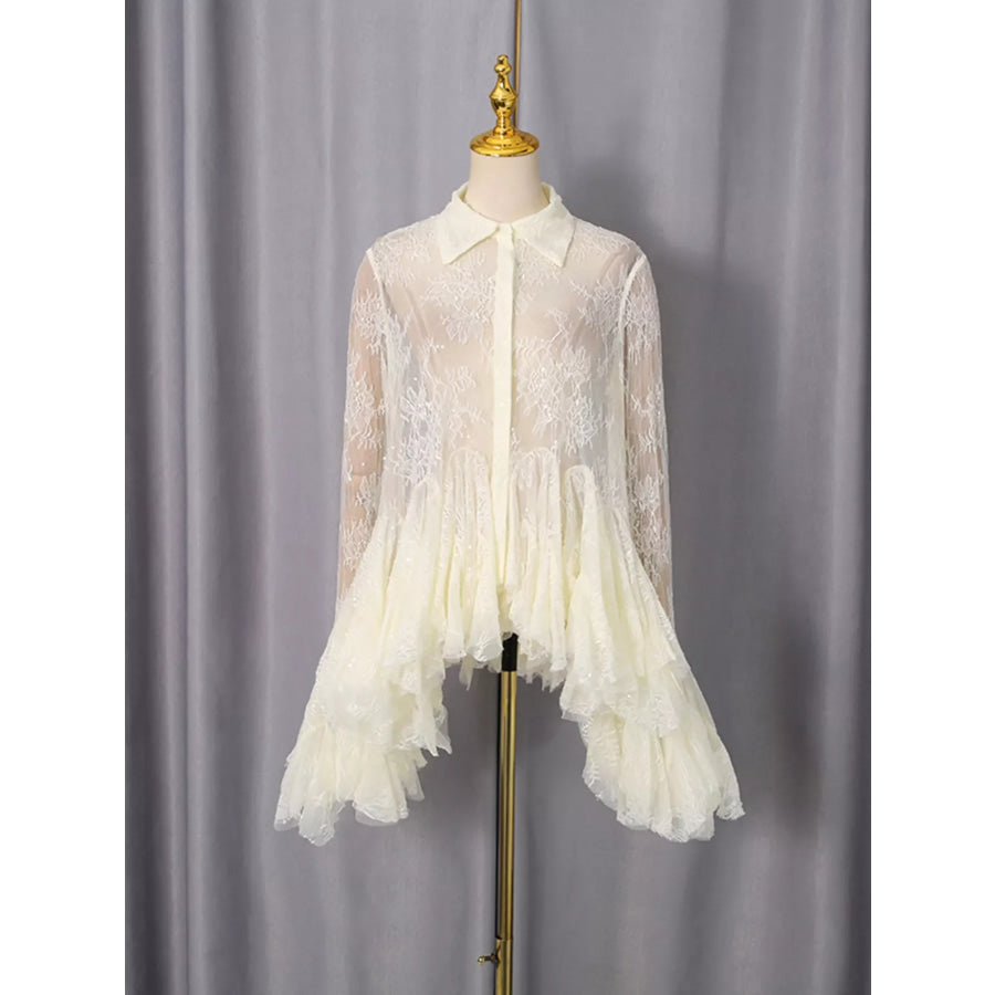 Ruffled Hem Lace Long Sleeve Dress Apricot / S Apparel and Accessories