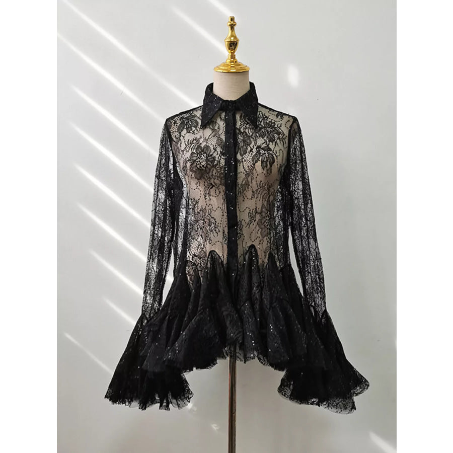 Ruffled Hem Lace Long Sleeve Dress Black / S Apparel and Accessories