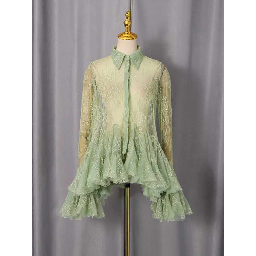 Ruffled Hem Lace Long Sleeve Dress Green / S Apparel and Accessories