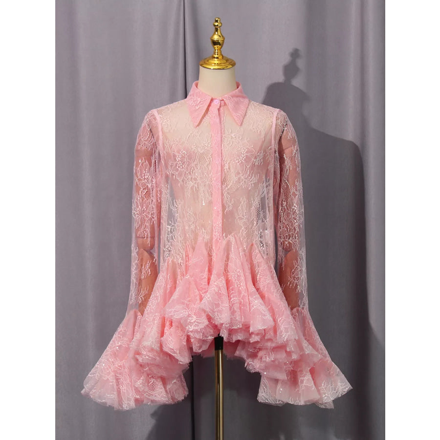 Ruffled Hem Lace Long Sleeve Dress Pink / S Apparel and Accessories