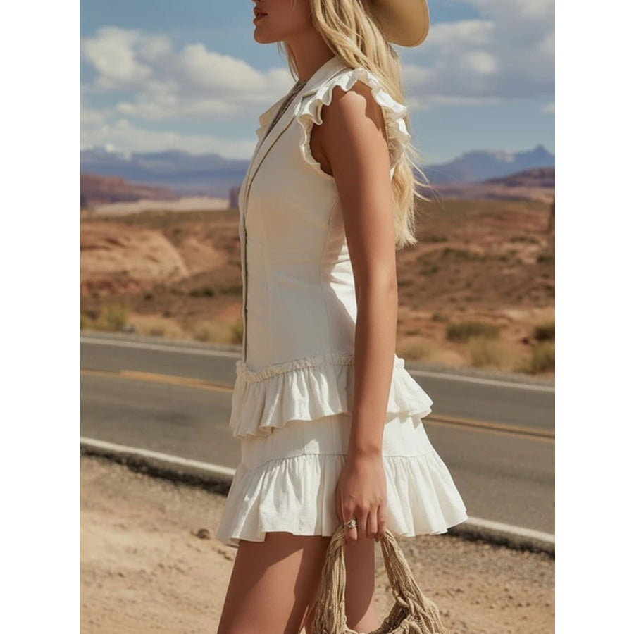 Ruffled Hem Lapel Collar Mini Dress Apparel and Accessories