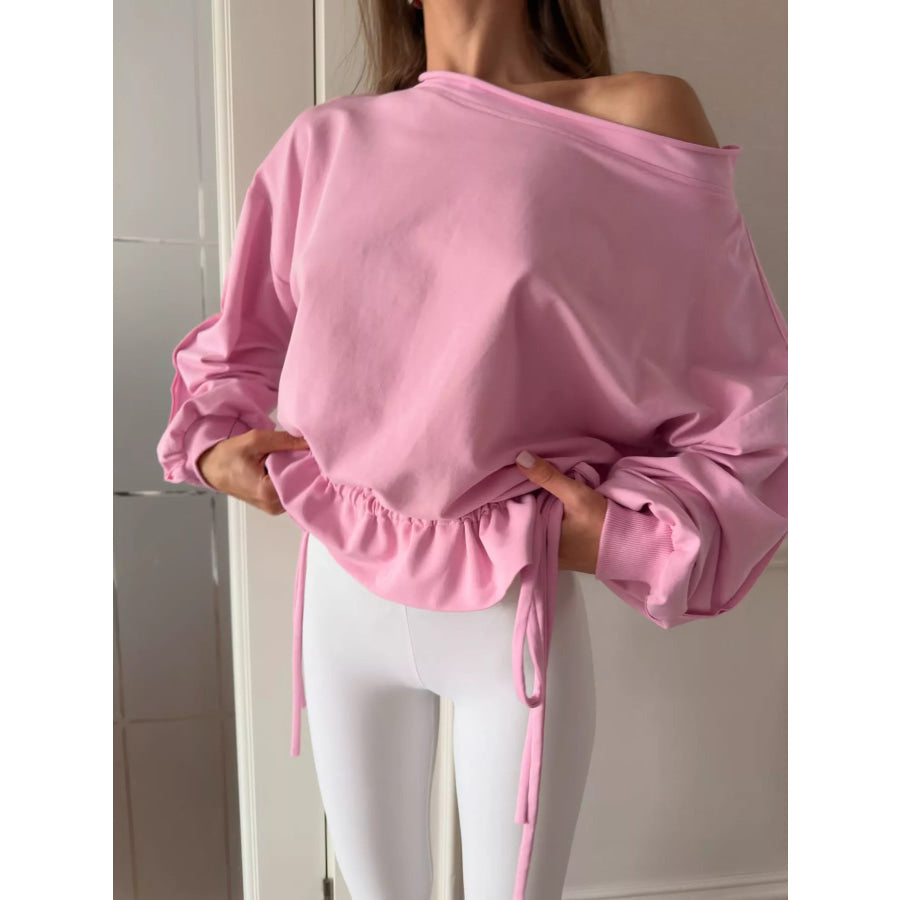 Ruffled Hem One Shoulder Sweatshirt Pink / S Apparel and Accessories