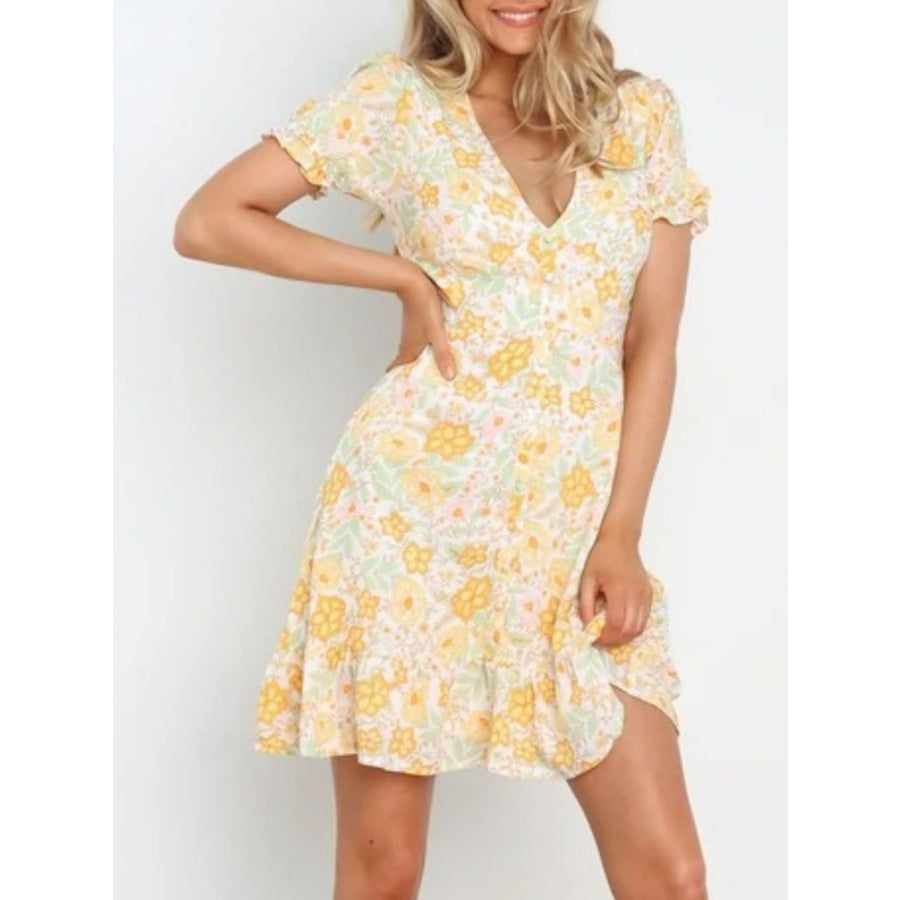 Ruffled Hem Printed Short Sleeve Mini Dress Apparel and Accessories