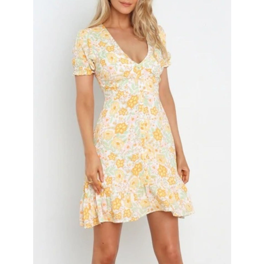 Ruffled Hem Printed Short Sleeve Mini Dress Apparel and Accessories