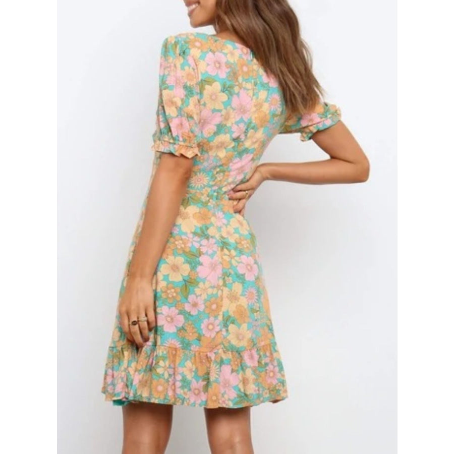 Ruffled Hem Printed Short Sleeve Mini Dress Apparel and Accessories