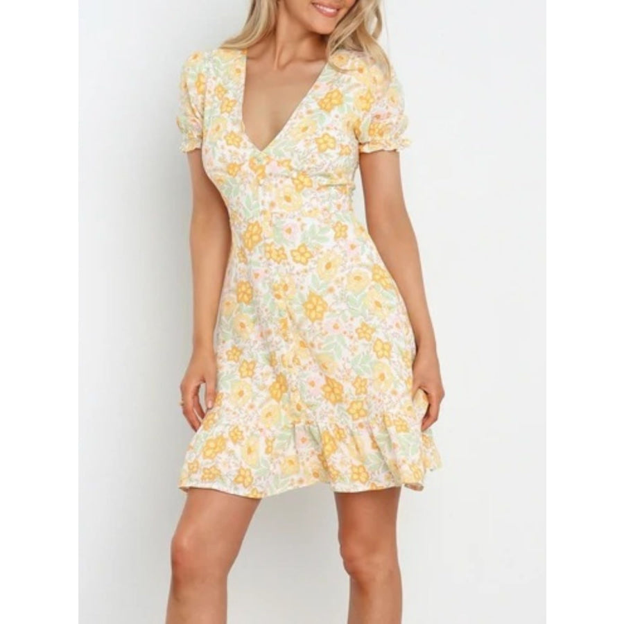 Ruffled Hem Printed Short Sleeve Mini Dress Apparel and Accessories