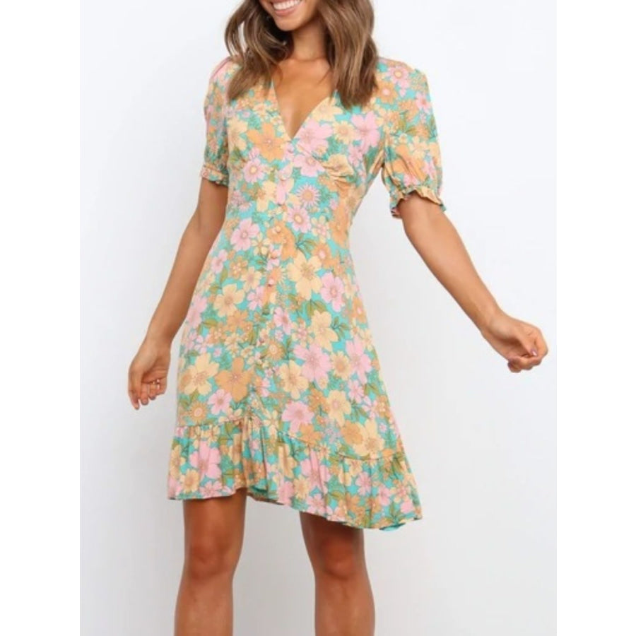 Ruffled Hem Printed Short Sleeve Mini Dress Turquoise / S Apparel and Accessories