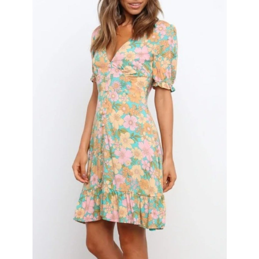 Ruffled Hem Printed Short Sleeve Mini Dress Apparel and Accessories