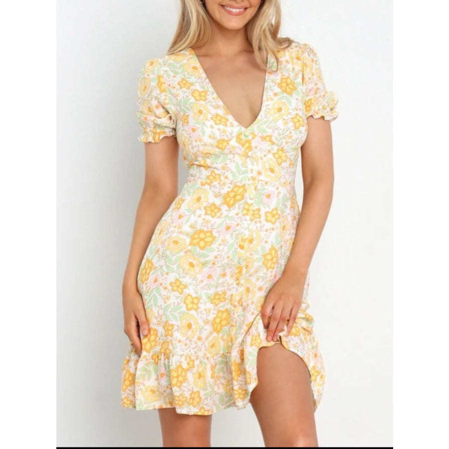 Ruffled Hem Printed Short Sleeve Mini Dress Pastel Yellow / S Apparel and Accessories