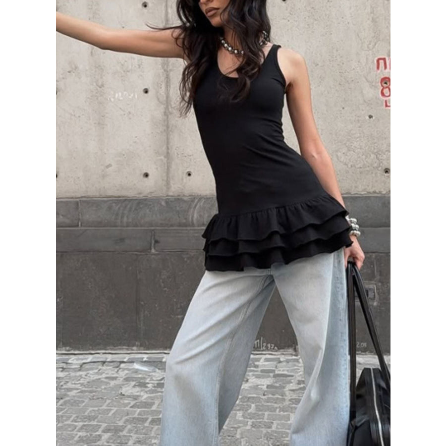 Ruffled Hem Round Neck Tank Apparel and Accessories